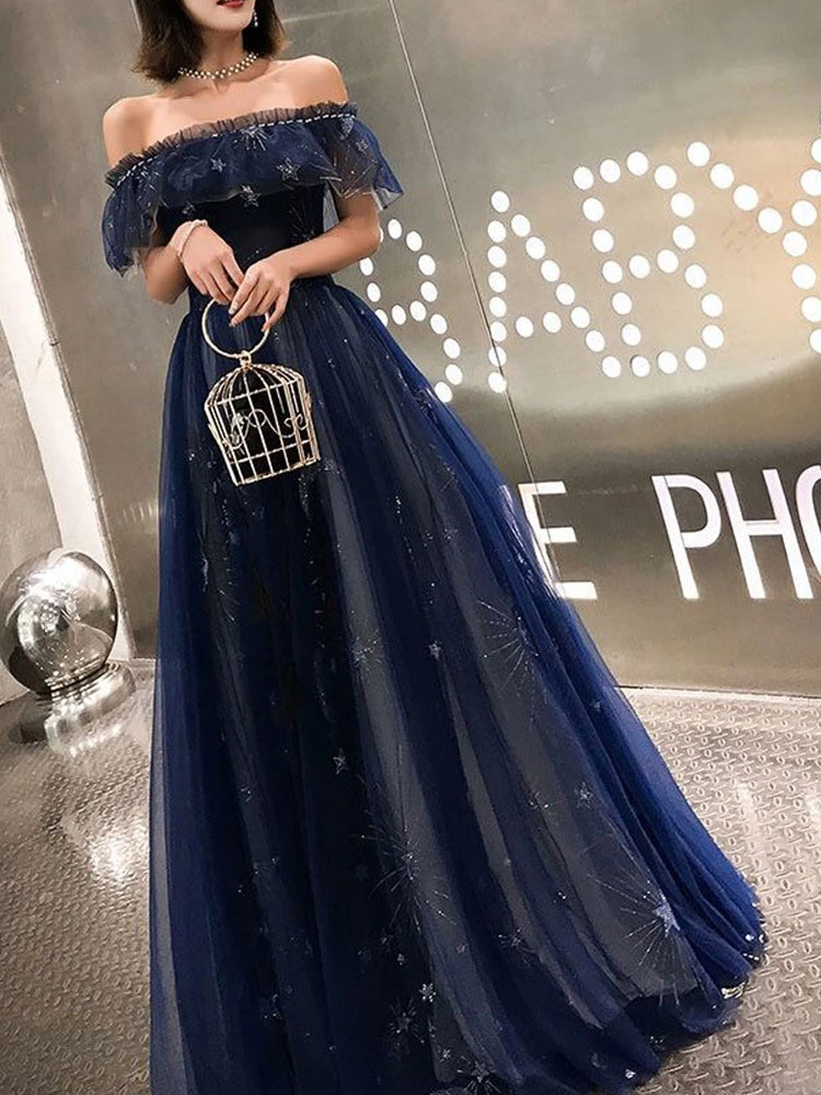 Prom Dress 2023 Navy Blue Short Sleeves A-Line Off The Shoulder Floor Length Lace-Up Ruffles Party Dresses Free Customization - Image 5