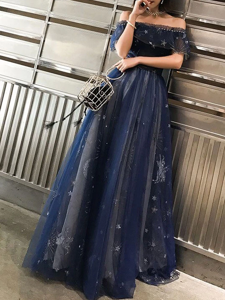 Prom Dress 2023 Navy Blue Short Sleeves A-Line Off The Shoulder Floor Length Lace-Up Ruffles Party Dresses Free Customization - Image 4