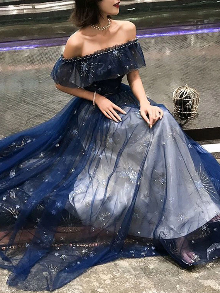 Prom Dress 2023 Navy Blue Short Sleeves A-Line Off The Shoulder Floor Length Lace-Up Ruffles Party Dresses Free Customization - Image 6