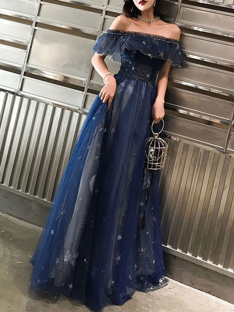 Prom Dress 2023 Navy Blue Short Sleeves A-Line Off The Shoulder Floor Length Lace-Up Ruffles Party Dresses Free Customization - Image 2