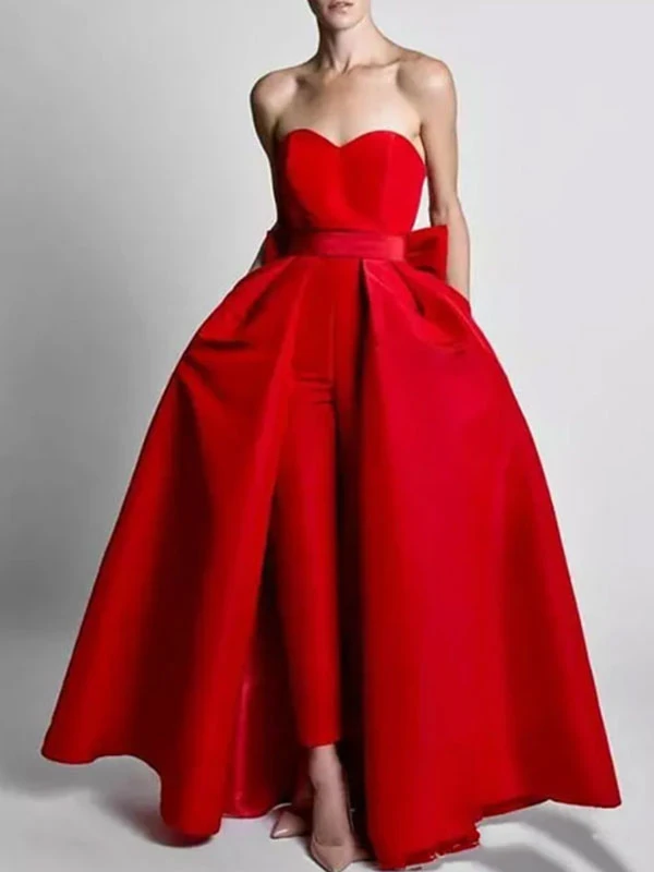 Evening Dress 2023 A-Line Strapless Sleeveless Zipper Bows Satin Fabric Red Formal Dresses Wedding Guest Dresses