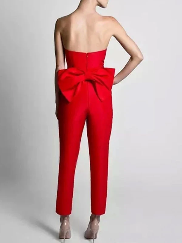 Evening Dress 2023 A-Line Strapless Sleeveless Zipper Bows Satin Fabric Red Formal Dresses Wedding Guest Dresses - Image 4