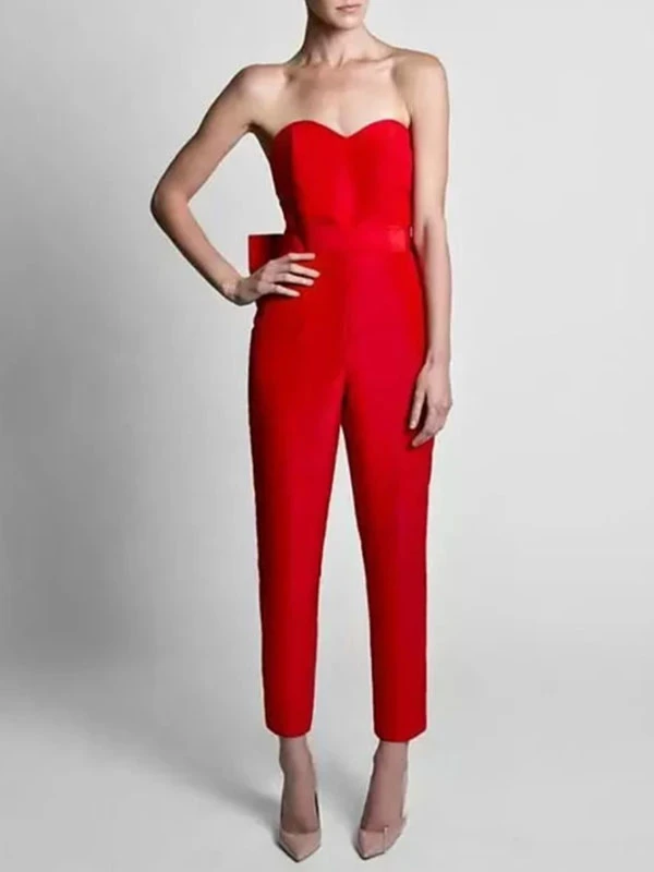 Evening Dress 2023 A-Line Strapless Sleeveless Zipper Bows Satin Fabric Red Formal Dresses Wedding Guest Dresses - Image 2