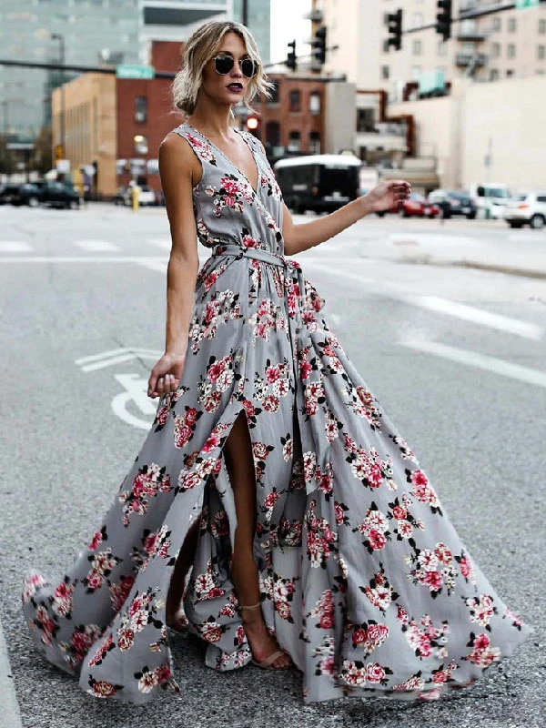 Maxi Dresses Sleeveless Grey Floral Printed V-Neck Lace Up Floor Length Dress