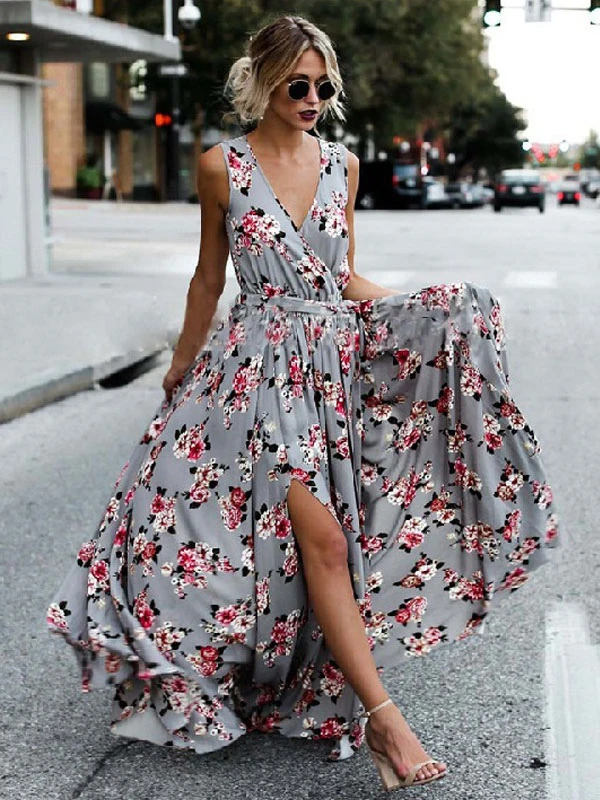 Maxi Dresses Sleeveless Grey Floral Printed V-Neck Lace Up Floor Length Dress - Image 4
