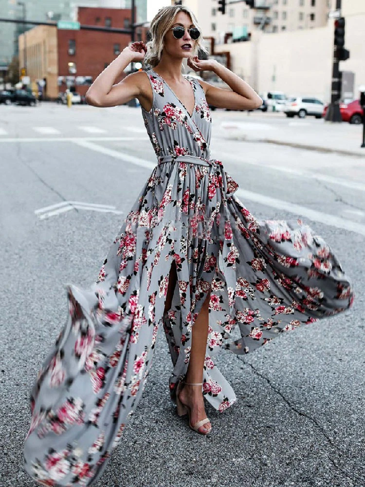 Maxi Dresses Sleeveless Grey Floral Printed V-Neck Lace Up Floor Length Dress - Image 5