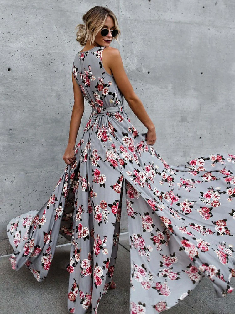 Maxi Dresses Sleeveless Grey Floral Printed V-Neck Lace Up Floor Length Dress - Image 2