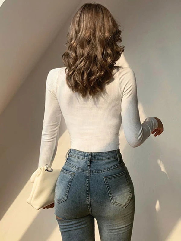 White Blouse For Women Square Neck Long Sleeves Summer T Shirt - Image 2