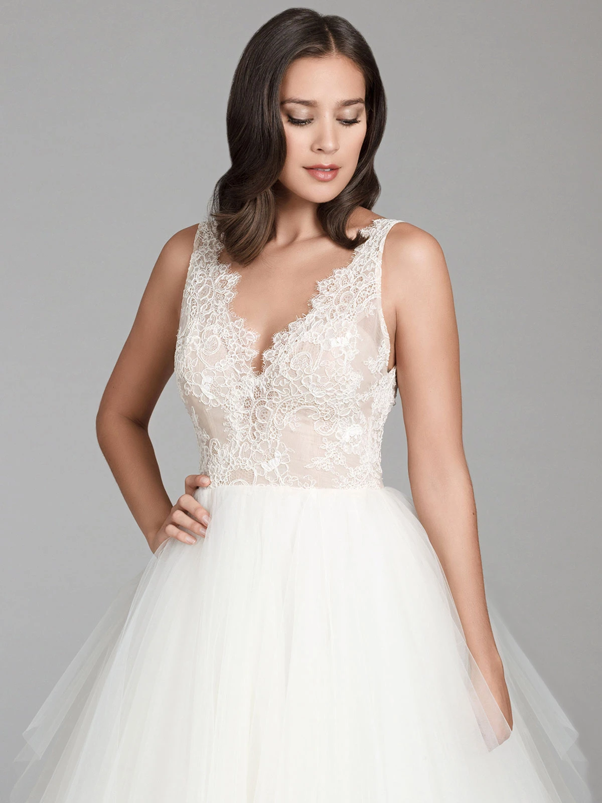 Ivory A-Line Wedding Dresses With Train Sleeveless Tulle Lace V-Neckline Bridal Dresses Free Customization - Image 4