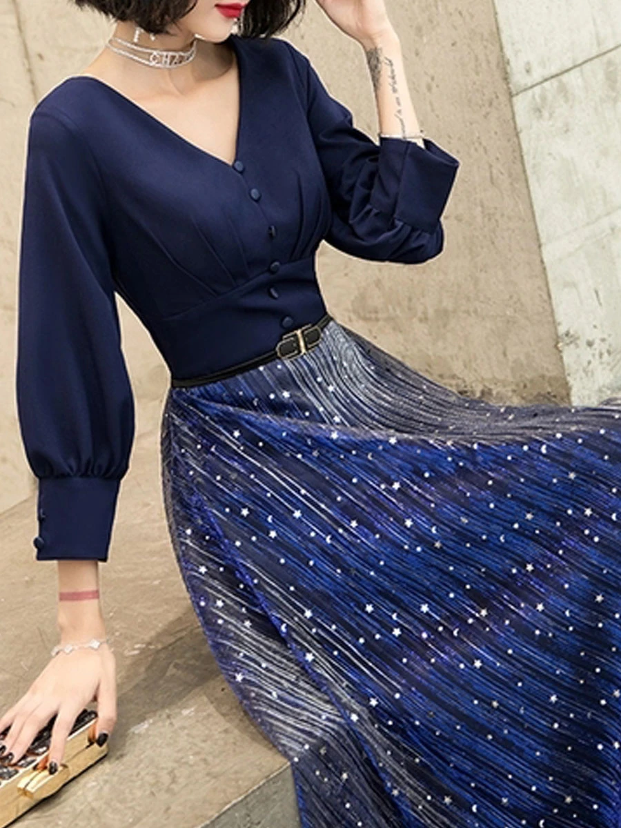 Navy Blue Prom Dress 2023 Ball Gown V-Neck Stretch Crepe 3/4 Length Sleeves Buttons Wedding Guest Dresses - Image 7