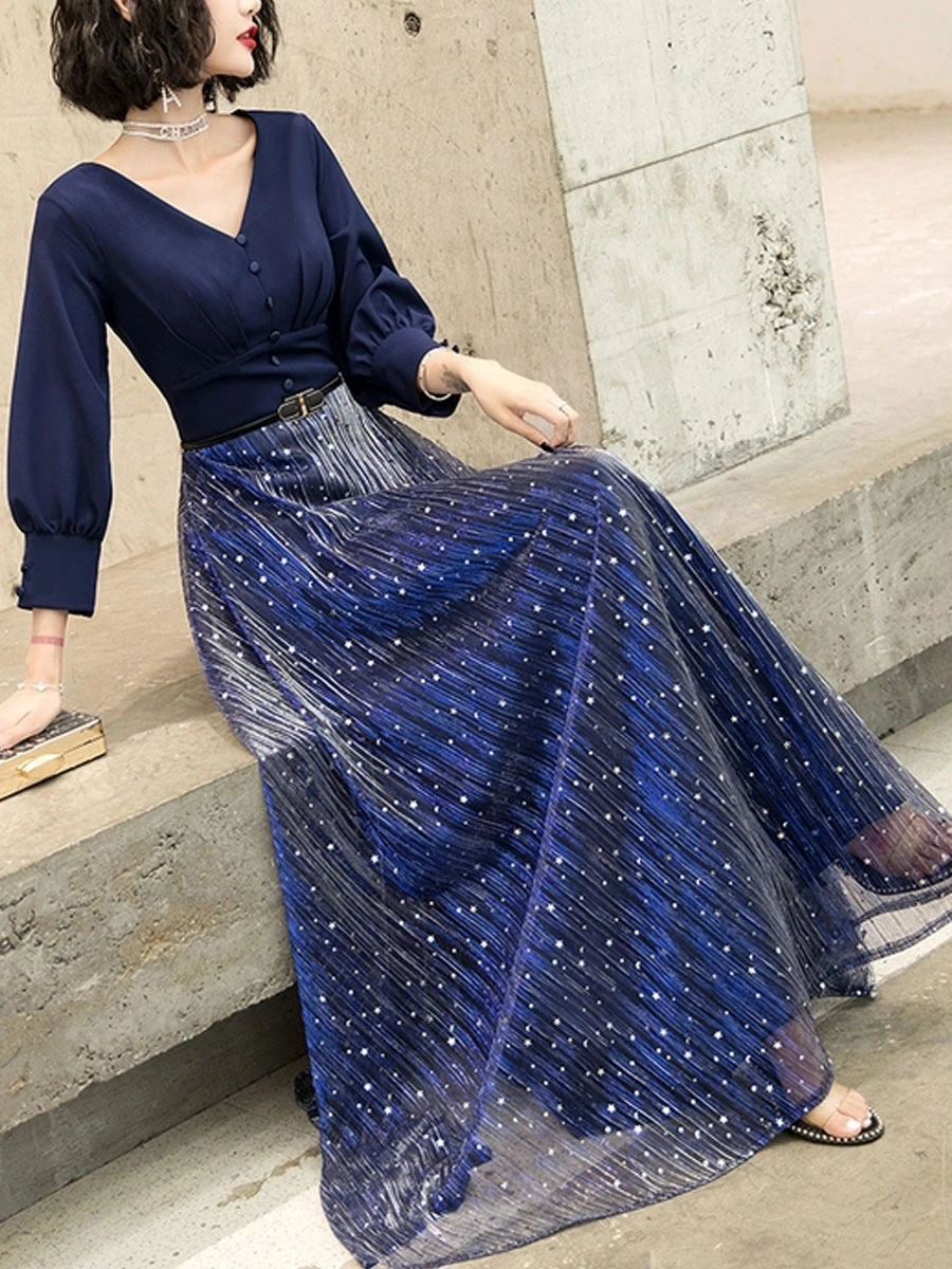 Navy Blue Prom Dress 2023 Ball Gown V-Neck Stretch Crepe 3/4 Length Sleeves Buttons Wedding Guest Dresses - Image 6