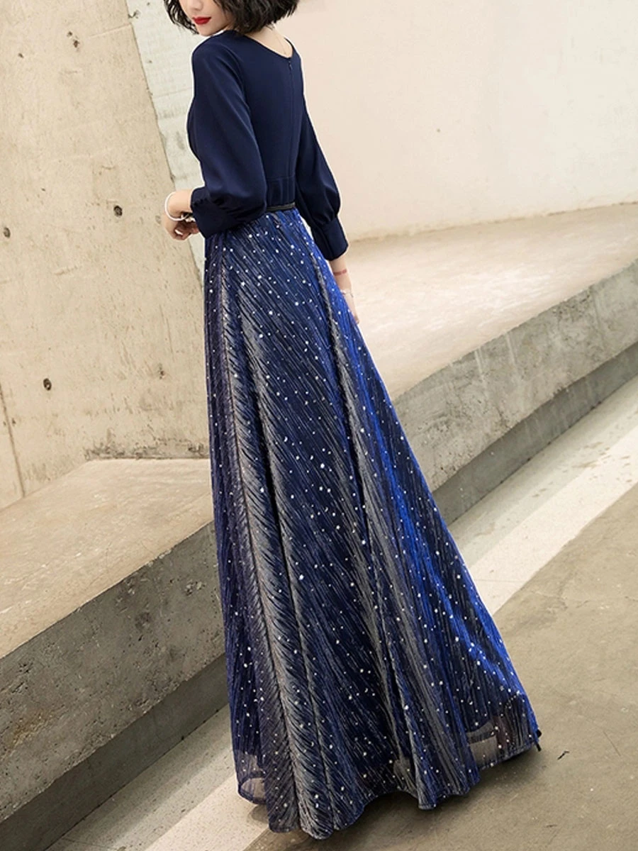 Navy Blue Prom Dress 2023 Ball Gown V-Neck Stretch Crepe 3/4 Length Sleeves Buttons Wedding Guest Dresses - Image 3