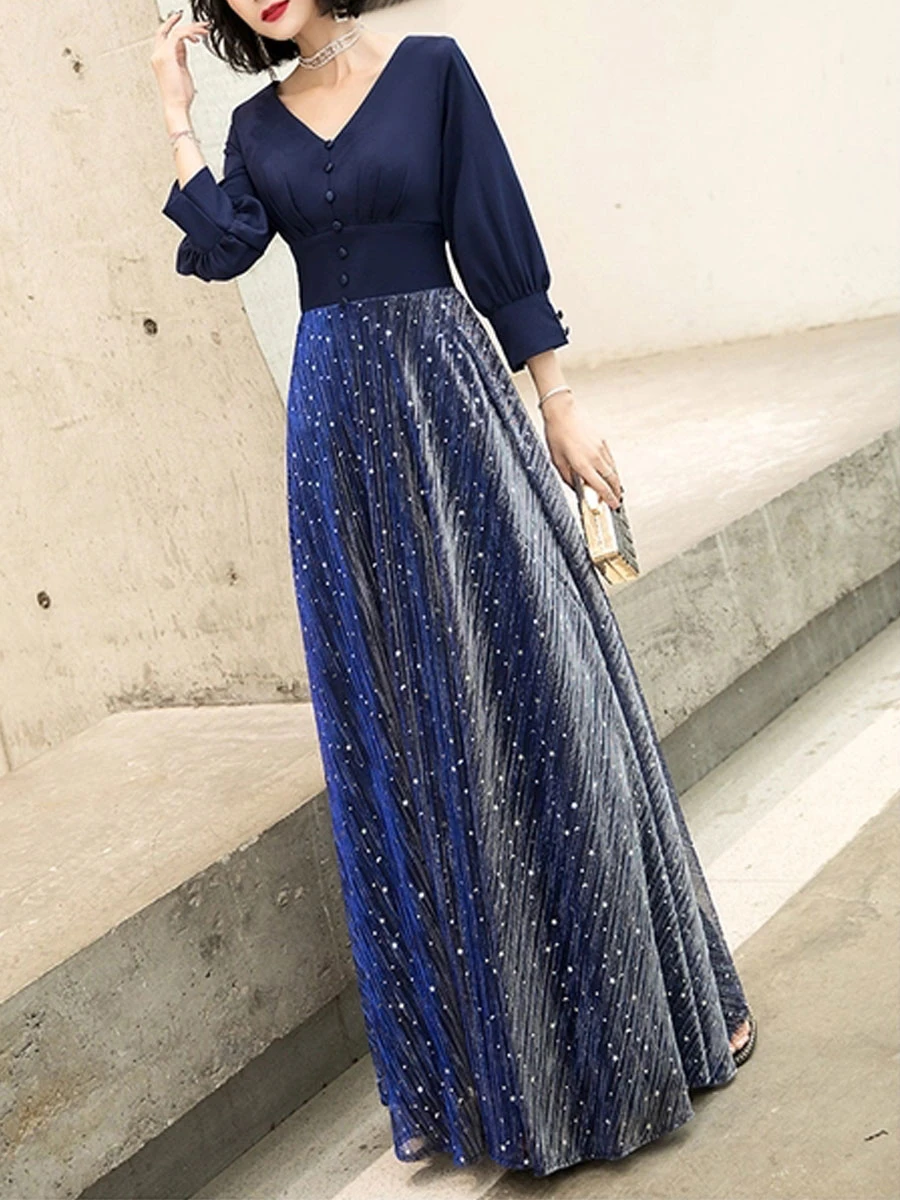 Navy Blue Prom Dress 2023 Ball Gown V-Neck Stretch Crepe 3/4 Length Sleeves Buttons Wedding Guest Dresses - Image 5