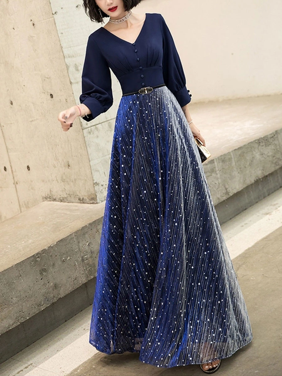 Navy Blue Prom Dress 2023 Ball Gown V-Neck Stretch Crepe 3/4 Length Sleeves Buttons Wedding Guest Dresses - Image 4