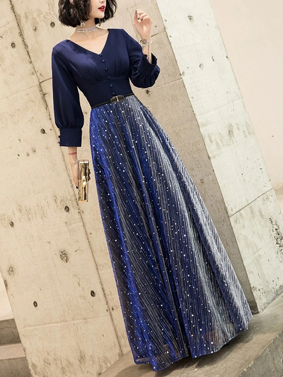Navy Blue Prom Dress 2023 Ball Gown V-Neck Stretch Crepe 3/4 Length Sleeves Buttons Wedding Guest Dresses - Image 2