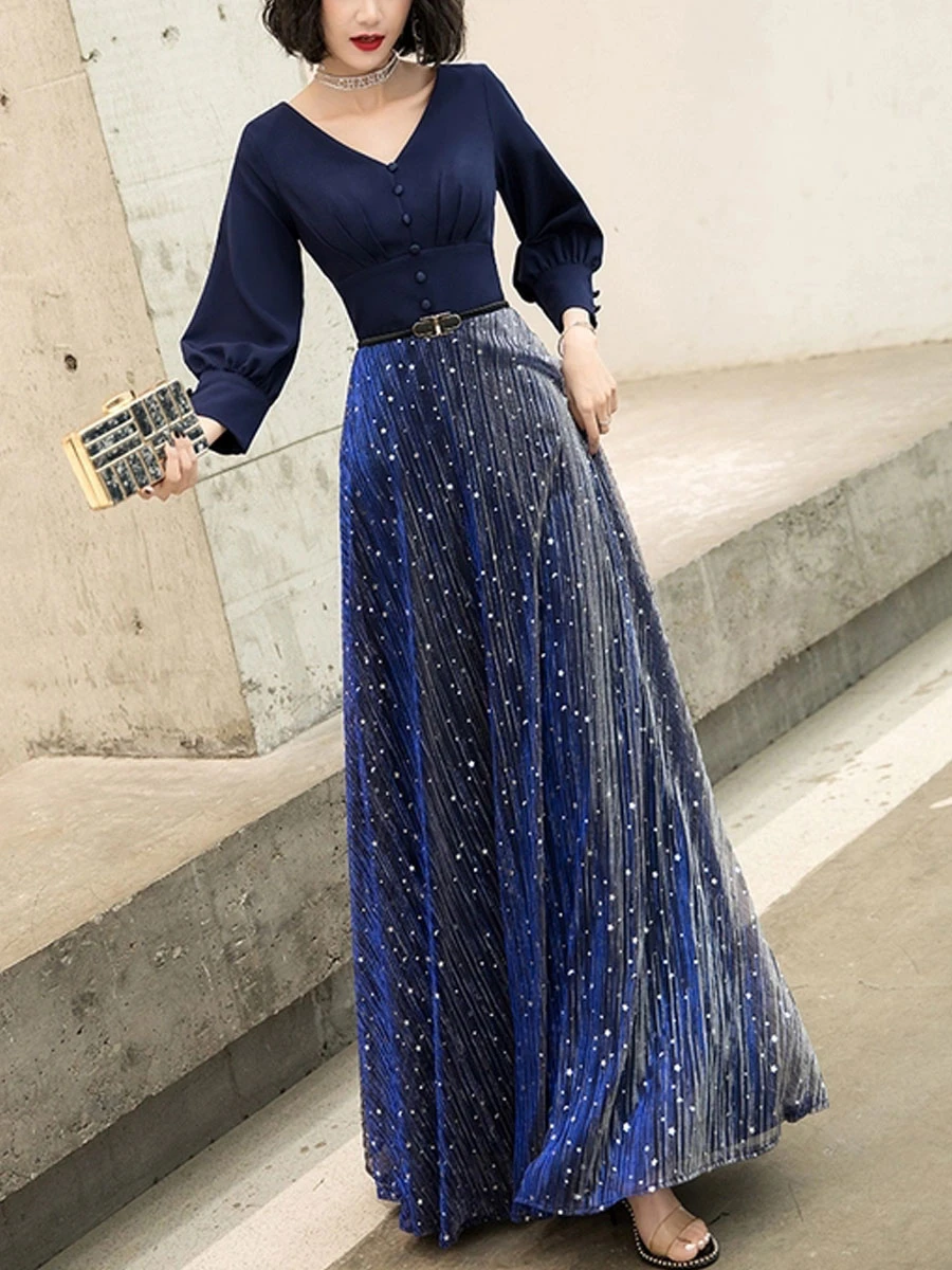 Navy Blue Prom Dress 2023 Ball Gown V-Neck Stretch Crepe 3/4 Length Sleeves Buttons Wedding Guest Dresses