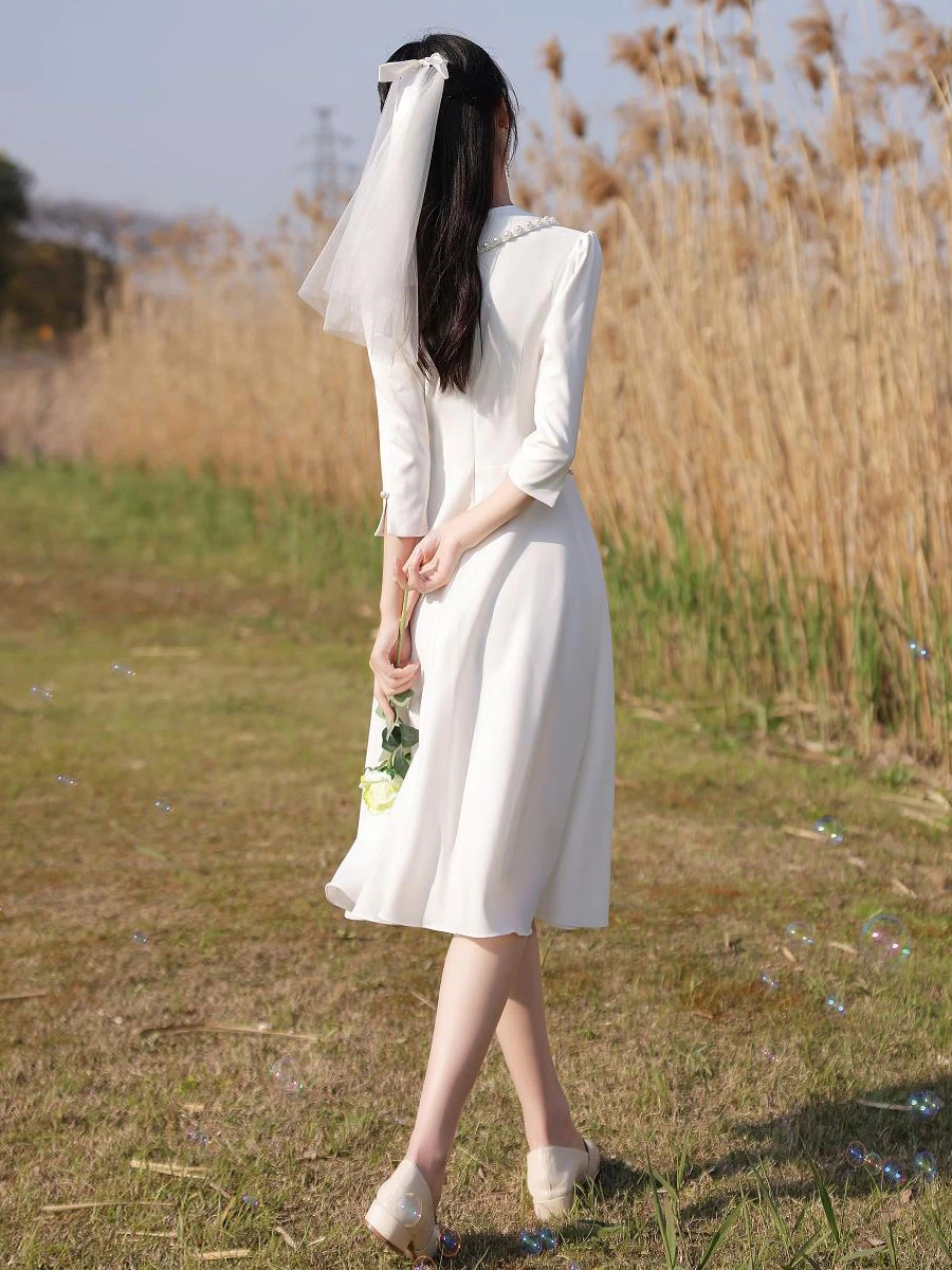 Eric White Evening Dress A-Line Designed Neckline Stretch Crepe Tea-Length Social Party Dresses - Image 2