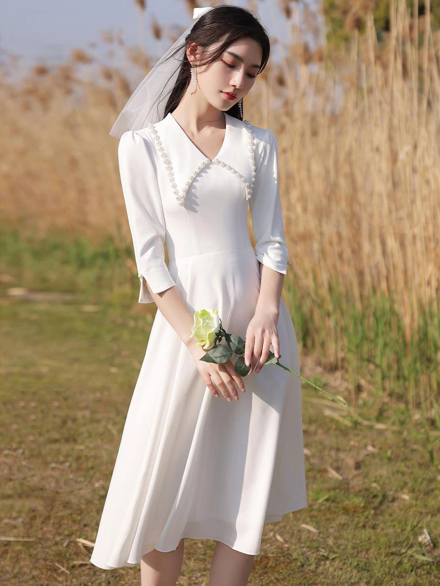 Eric White Evening Dress A-Line Designed Neckline Stretch Crepe Tea-Length Social Party Dresses - Image 3