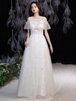 Champagne Prom Dress 2023 A-Line Jewel Neck Half Sleeves Zipper Butterfly Floor-Length Formal Lace Party Dresses