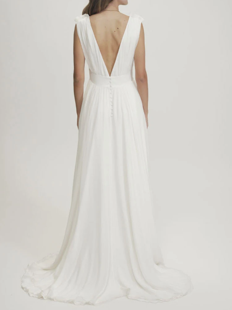 Ivory Simple Causal Wedding Dress Chiffon V-Neck Sleeveless Backless Long A-Line Bridal Dresses Free Customization - Image 3