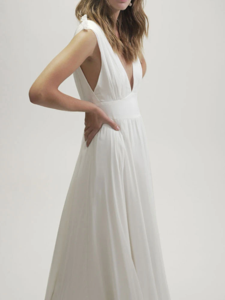 Ivory Simple Causal Wedding Dress Chiffon V-Neck Sleeveless Backless Long A-Line Bridal Dresses Free Customization - Image 2