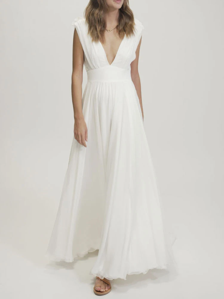 Ivory Simple Causal Wedding Dress Chiffon V-Neck Sleeveless Backless Long A-Line Bridal Dresses Free Customization
