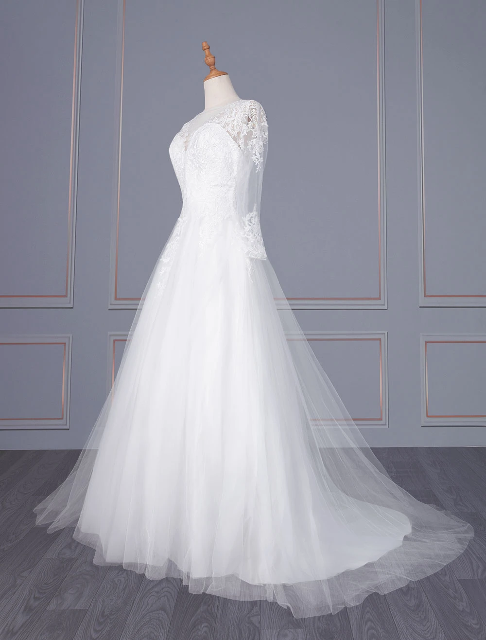 White Simple Wedding Dress A-Line V-Neckline Long Sleeves Zipper Lace Tulle Bridal Dresses Free Customization - Image 2