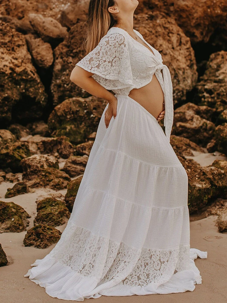 White Boho Wedding Dress V-Neck Short Sleeve Lace A-Line Floor Length Bridal Wedding Gowns Free Customization - Image 4