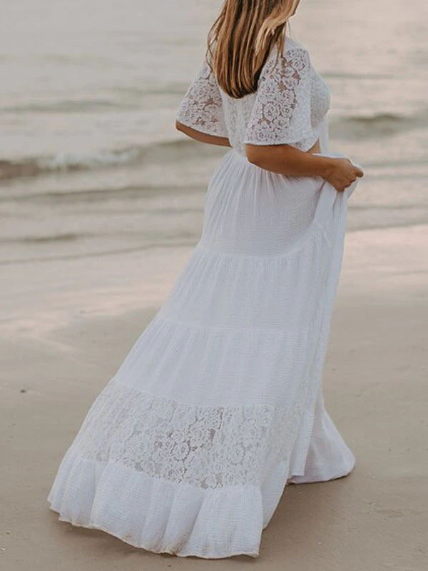 White Boho Wedding Dress V-Neck Short Sleeve Lace A-Line Floor Length Bridal Wedding Gowns Free Customization - Image 3