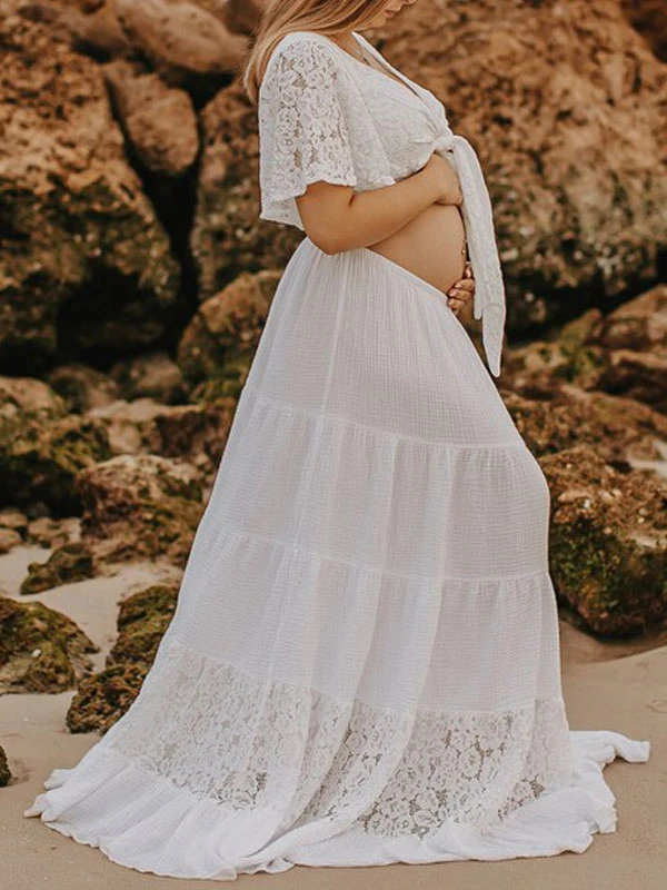 White Boho Wedding Dress V-Neck Short Sleeve Lace A-Line Floor Length Bridal Wedding Gowns Free Customization - Image 5