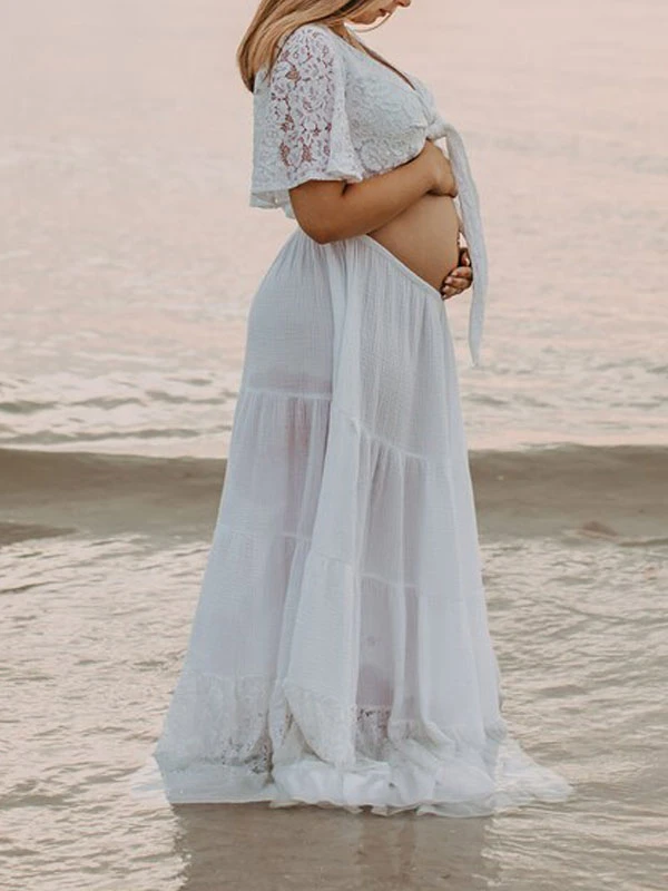 White Boho Wedding Dress V-Neck Short Sleeve Lace A-Line Floor Length Bridal Wedding Gowns Free Customization - Image 2