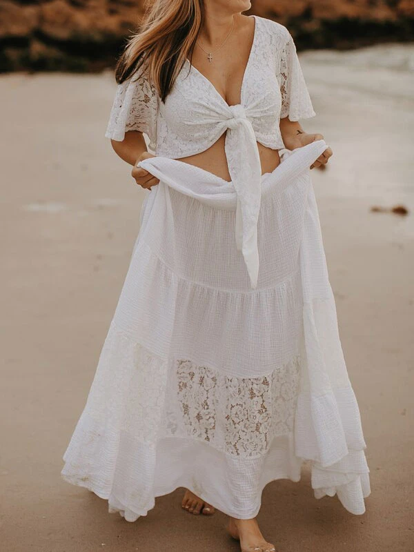White Boho Wedding Dress V-Neck Short Sleeve Lace A-Line Floor Length Bridal Wedding Gowns Free Customization
