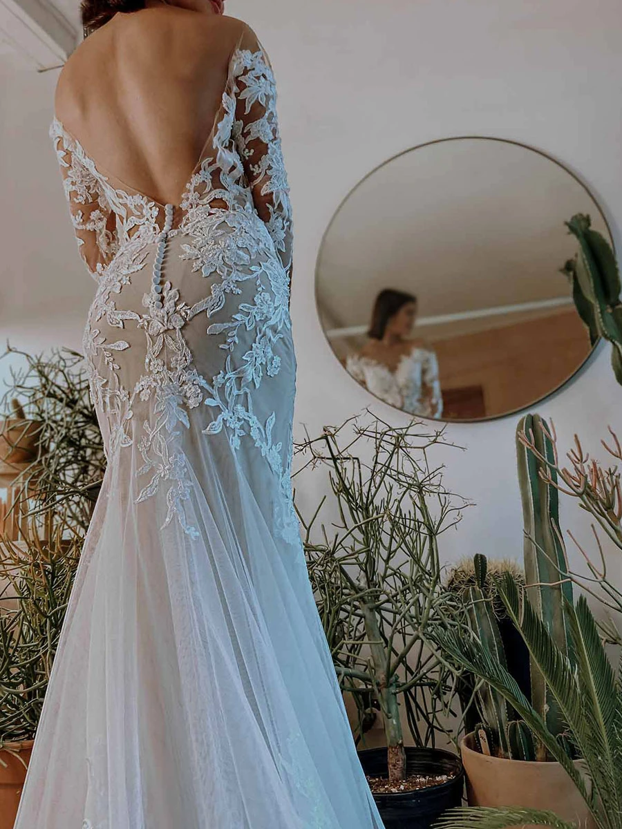 Ecru White Mermaid Wedding Dress Illusion Neckline Long Sleeves Backless Lace With Train Bridal Dress Free Customization - Image 6