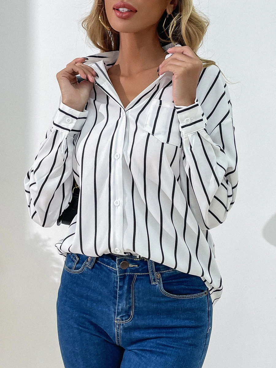 White Blouse For Women Turndown Collar High Low Design Stripes Pattern Pockets Buttons Long Sleeves Casual Shirt - Image 4