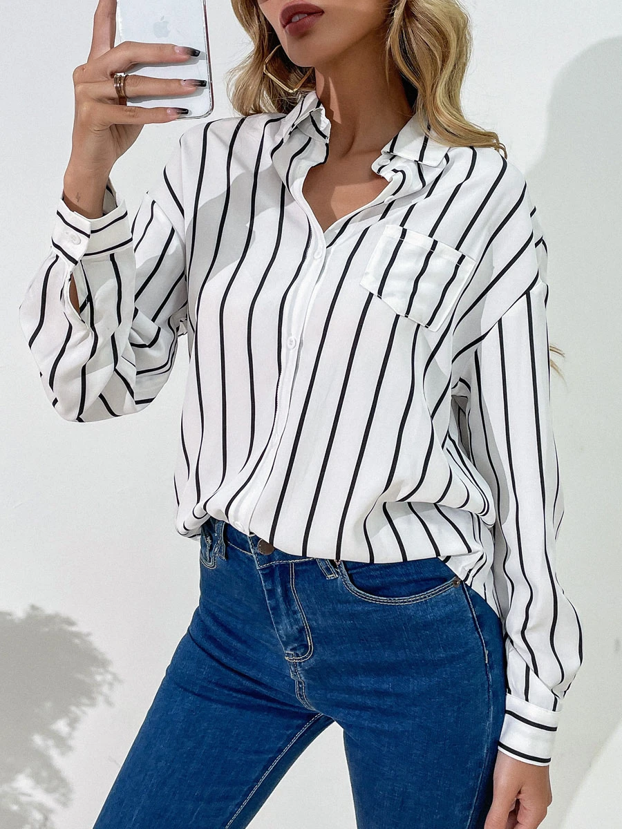 White Blouse For Women Turndown Collar High Low Design Stripes Pattern Pockets Buttons Long Sleeves Casual Shirt