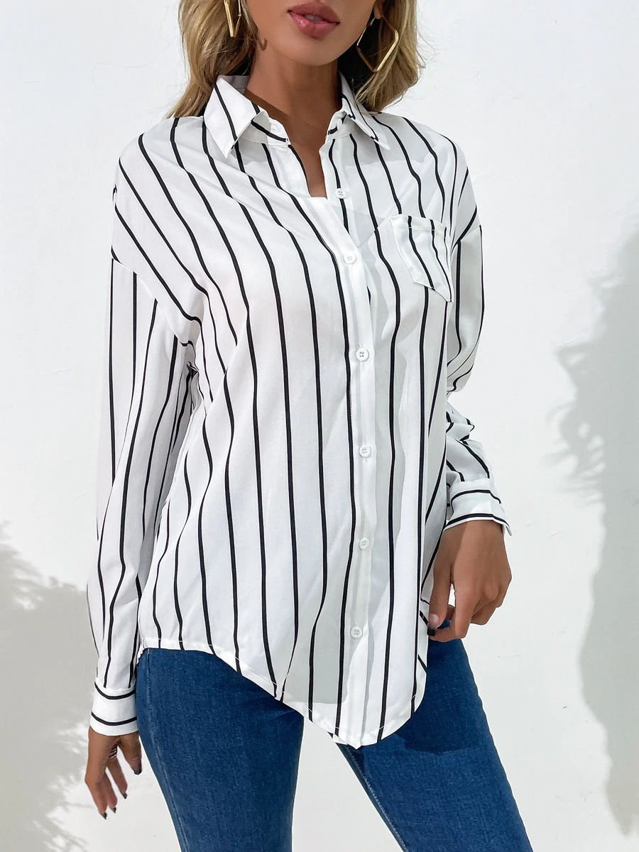 White Blouse For Women Turndown Collar High Low Design Stripes Pattern Pockets Buttons Long Sleeves Casual Shirt - Image 3