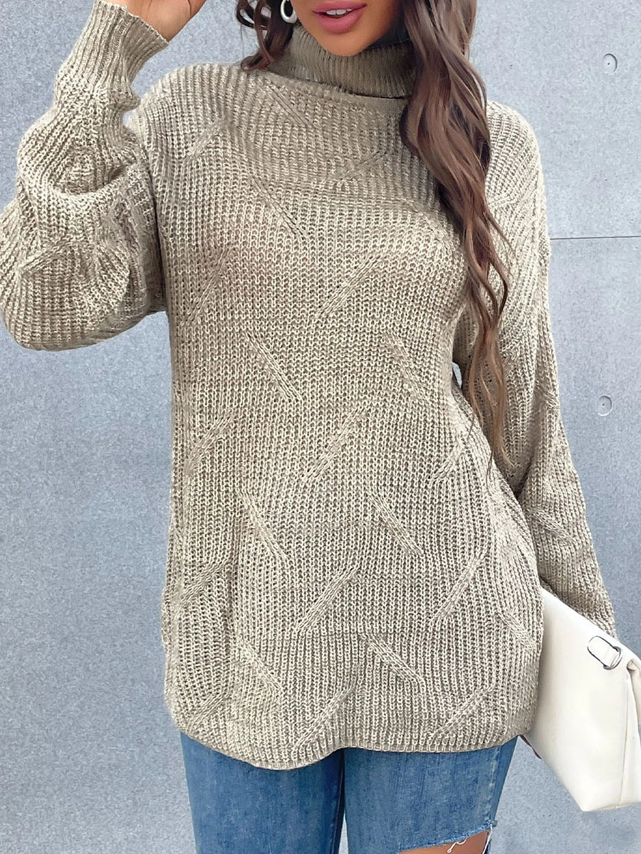 Women Pullover Sweater Khaki Piping High Collar Long Sleeves Oversized Sweaters - Image 4