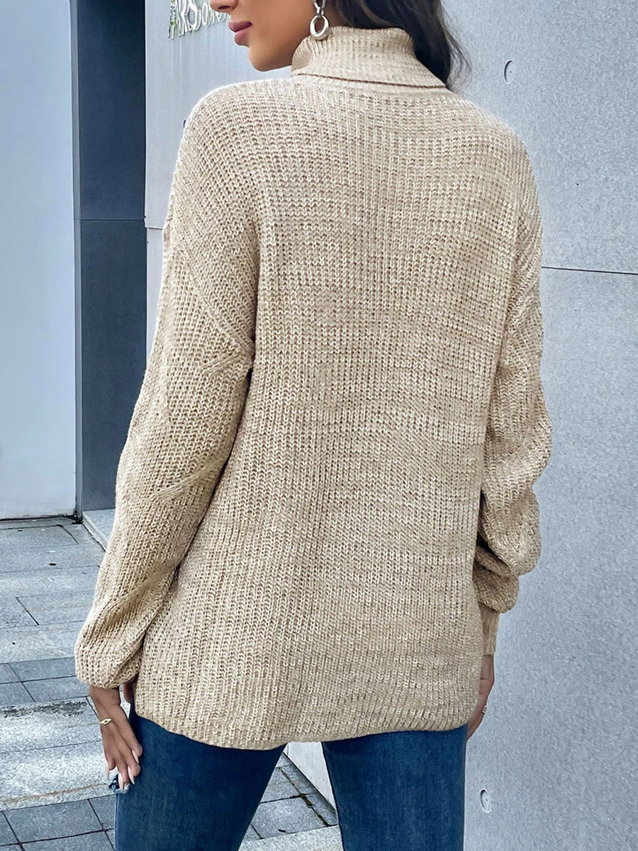 Women Pullover Sweater Khaki Piping High Collar Long Sleeves Oversized Sweaters - Image 3