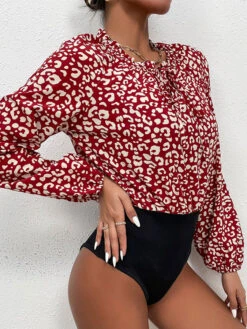Bodysuit Burgundy Long Sleeves Ruffles Stretch Jewel Neck Casual Printed Women Top