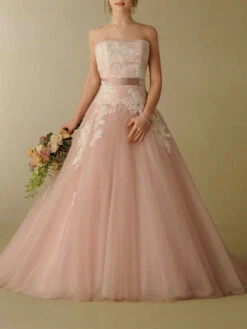 Pink Wedding Dresses A-Line Strapless Sleeveless Backless Sash Lace With Train Bridal Gown Free Customization