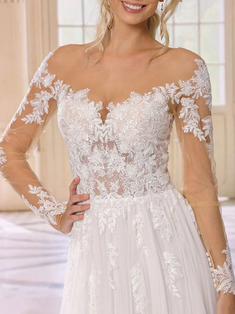 Ivory Simple Causal Wedding Dress With Train Jewel Neck Long Sleeves High Slit Lace A-Line Bridal Gowns Free Customization - Image 2