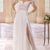Ivory Simple Causal Wedding Dress With Train Jewel Neck Long Sleeves High Slit Lace A-Line Bridal Gowns Free Customization
