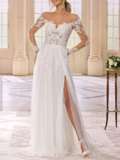 Ivory Simple Causal Wedding Dress With Train Jewel Neck Long Sleeves High Slit Lace A-Line Bridal Gowns Free Customization