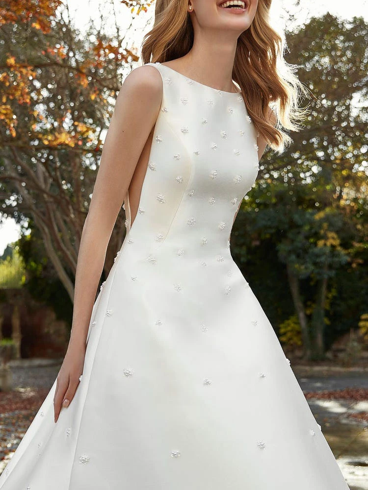 Ivory Vintage Plus Size Wedding Dresses With Train Jewel Neck Sleeveless Pockets Satin Fabric Bridal Dress Free Customization - Image 3