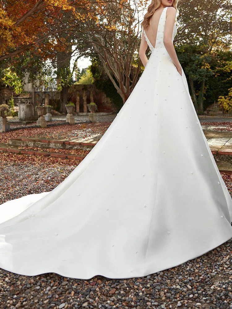 Ivory Vintage Plus Size Wedding Dresses With Train Jewel Neck Sleeveless Pockets Satin Fabric Bridal Dress Free Customization - Image 2