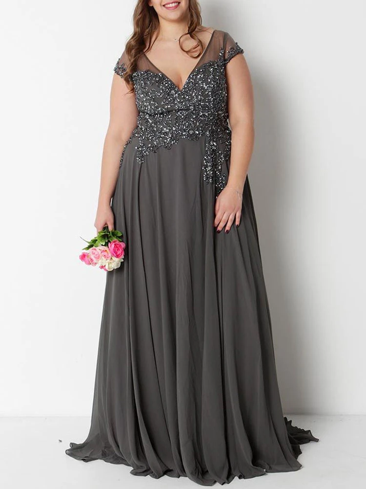 Grey Evening Dress 2023 A-Line V-Neck Floor-Length Short Sleeves Zipper Lace Formal Dinner Dresses Wedding Guest Dresses Free Customization