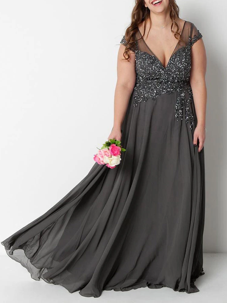 Grey Evening Dress 2023 A-Line V-Neck Floor-Length Short Sleeves Zipper Lace Formal Dinner Dresses Wedding Guest Dresses Free Customization - Image 3