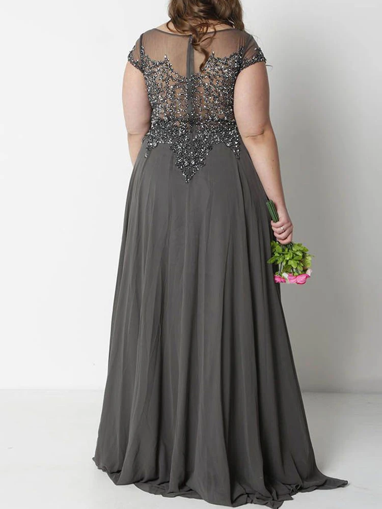 Grey Evening Dress 2023 A-Line V-Neck Floor-Length Short Sleeves Zipper Lace Formal Dinner Dresses Wedding Guest Dresses Free Customization - Image 2