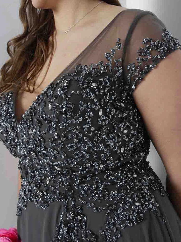 Grey Evening Dress 2023 A-Line V-Neck Floor-Length Short Sleeves Zipper Lace Formal Dinner Dresses Wedding Guest Dresses Free Customization - Image 4