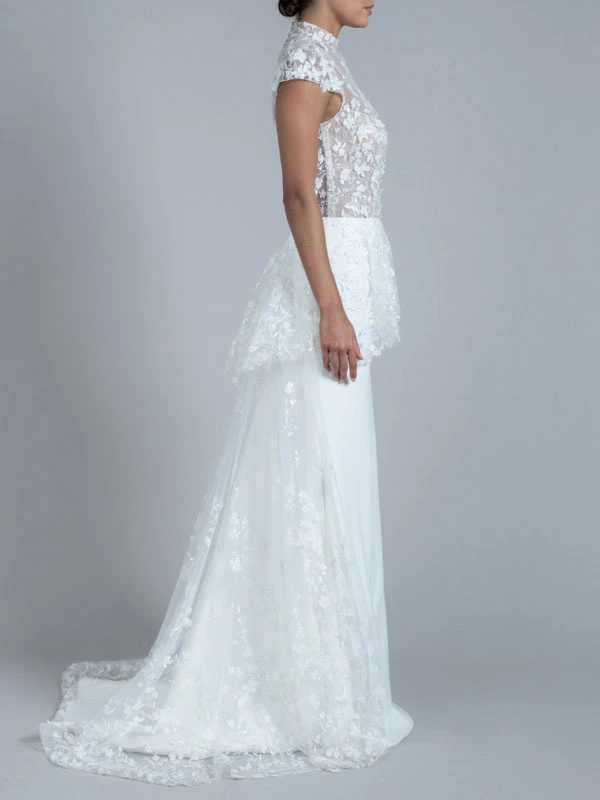 Simple Mermaid Causal Wedding Dress High Collar Short Sleeves Lace A-Line Bridal Dresses Free Customization - Image 3